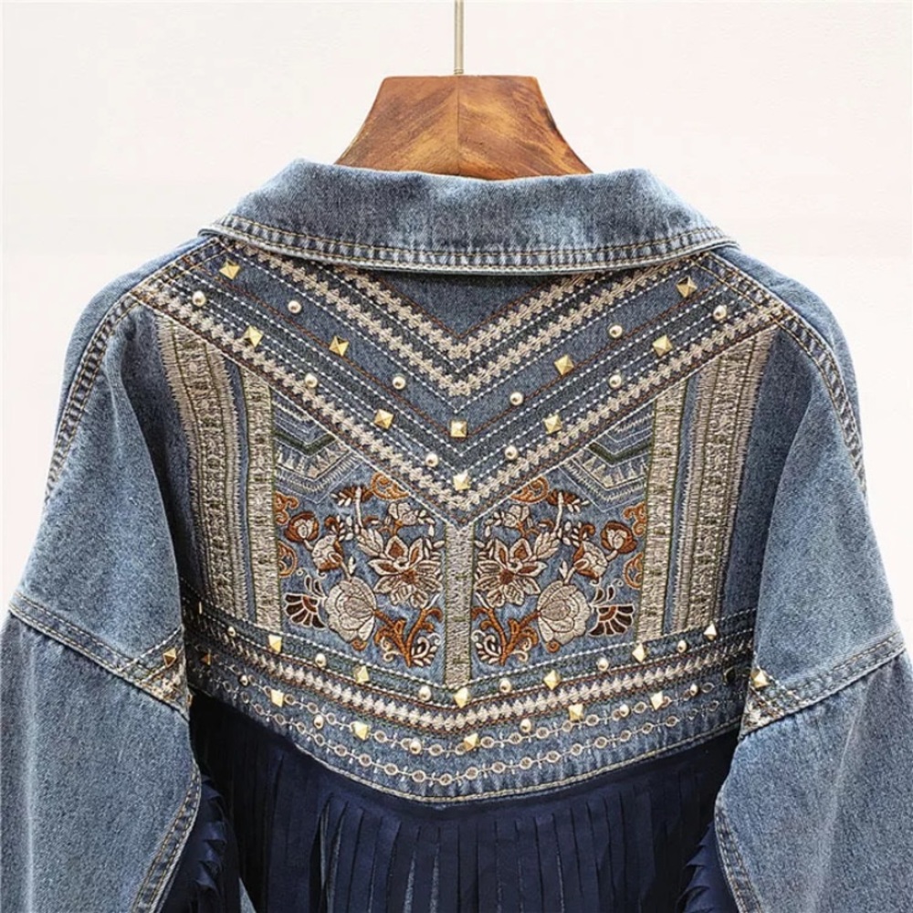 Embroidered Blue Denim Jacket with Fringe